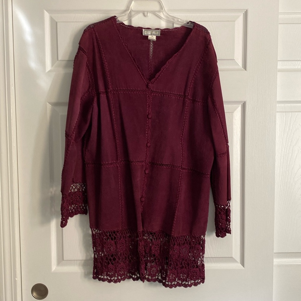 Maroon leather patchwork coat